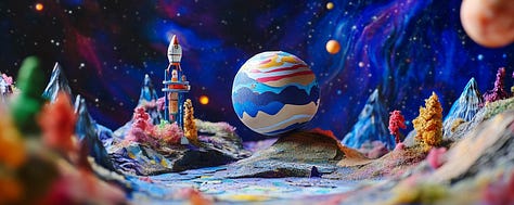 miniature diorama cardboard planet with space station in cosmic and psychedelic landscape