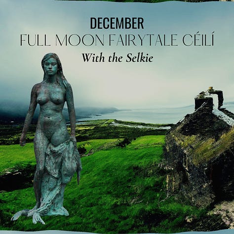 Three promotional images for Full Moon Fairytale Céilí events: October featuring swans in Newgrange, November showing the Cailleach by the sea, and December displaying a selkie figure on green cliffs.