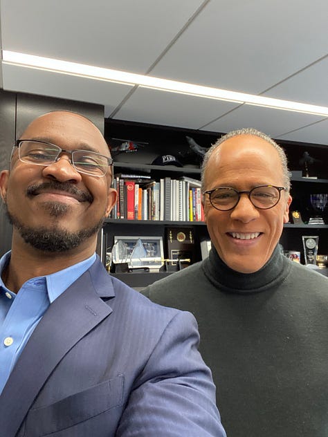 NBC employee ID, Joshua with Lester Holt, Joshua with Joy Reid, New Hampshire Primary ID badge, Joshua wearing badge, Joshua next to his picture in a promotional poster for NBC News NOW, 30 Rock lit up on Election Night 2020, Joshua at the MSNBC anchor desk during COVID-19 coverage