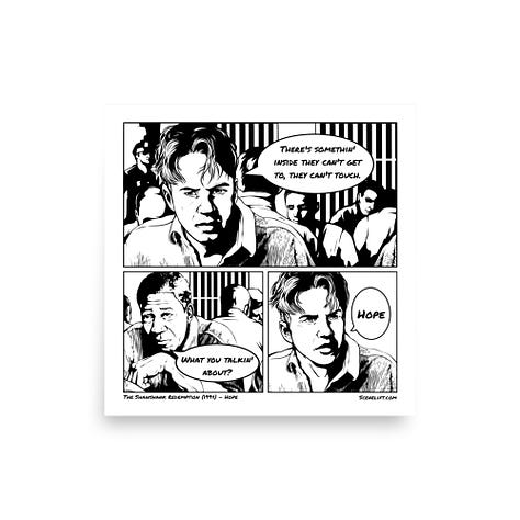 Posters, t-shirts, and mugs with prints of original comics based on the Hope scene in The Shawshank Redemption (1994)