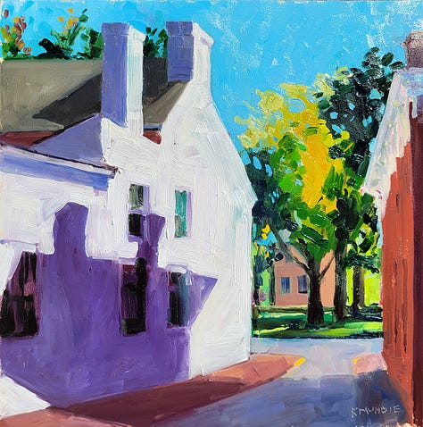 four impressionistic paintings by Kate Mundie of historic buildings in Dover Delaware.