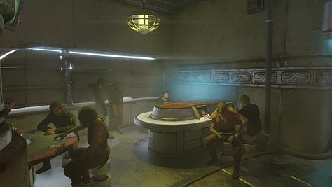 various photos depicting Makal’s Gambling Parlor, an in-universe cantina in Star Wars Outlaws