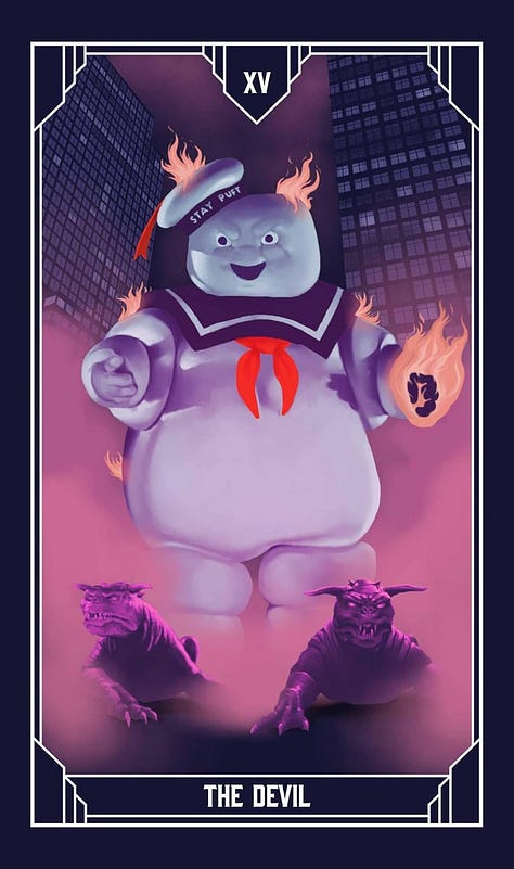 The Library Ghost being blasted by proton streams in the Queen of Streams Tarot Card. The Stay Puft Marshmallow Man flanked by the terror dogs in the Devil Tarot card. Peter Venkman stepping off a stone fixture while holding a bottle of alcohol in The Fool Tarot Card.