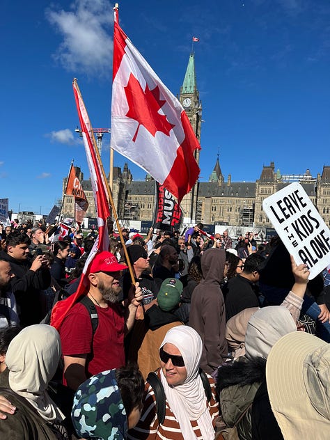 Parents and grandparents with children protested against gender ideology being forced on them in Canadian Schools. The parents and children took Parliament Hill as counter-protestors were held back on the other side of Wellington Street.