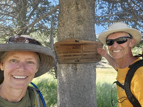 images of the granite and greenery of the majestic southern Sierra Nevada: Melanie and John at a bridge, PCT sign posts, mid-day nap,storm clouds coming, and atop Mt. Whitney at 14,505 feet