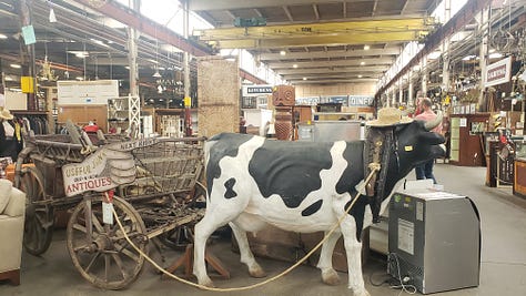 Pictures of random furniture, trunks, statues, lamps, stained glass windows, and a cart and fake cow from a warehouse that sells repurposed, salvaged items. 