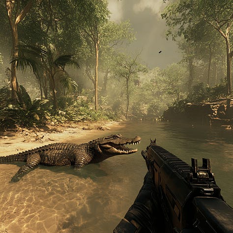 Captain, crocodile, demon first-person shooter game prompts in Midjourney