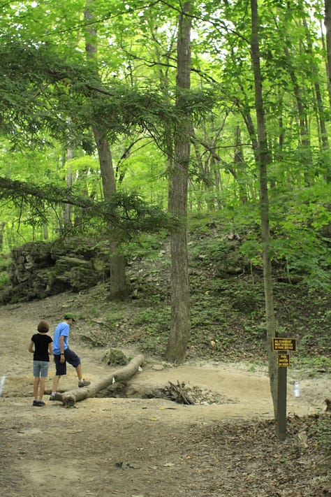 Photos of a heavily wooded trail with two people hiking and posing along the trail