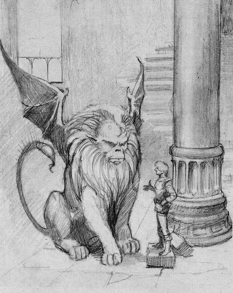 LEFT: Detail from A SPELL FOR CHAMELEON featuring a man in conversation with a red furred manticore. CENTER: Pencil sketch for A SPELL FOR CHAMELEON featuring a man standing on a block of stone to converse with a manticore. The background is different from the finished work with a larger pillar and winding stairs serving as the main backdrop. RIGHT: Rough pencil sketches for A SPELL FOR CHAMELEON. The top features a man kneeling as he listens to a regal looking manticore. The bottom features a man holding a rapier pointing down as he stands casually in front of the manticore with wings spread and scorpion tail visible from behind.