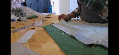 A grid of 6 images showing the deconstruction and reconstruction process: 1) scissors and a seam ripper on top of shirt pieces, 2) a panel of a shirt front in light green, 3) fabric pieces being pinned together, 4) fabric underneath the sewing machine foot, 5) a ball of dark green and light green threads, and 6) Ayana ripping seams at a worktable.