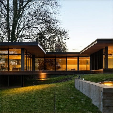 Wide shot of a cityscape at night, portrait of a person at sunset with golden light, mid-century modern house at sunset