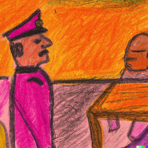 Pink and yellow sketches of courtroom drama