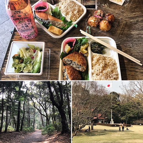 Pictures of a Japanese bento box full of rice, takoyaki, and green tea. Pictures of stylish young Japanese people in Harajuku. Picture of the author dressed in stylish clothes with Japanese graffiti behind him on the wall.