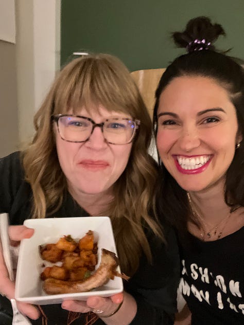 tina gill and lena piskorowski posing together with big smiles inside a boho boutique and a hotel room, various cards handwritten by tina to lena