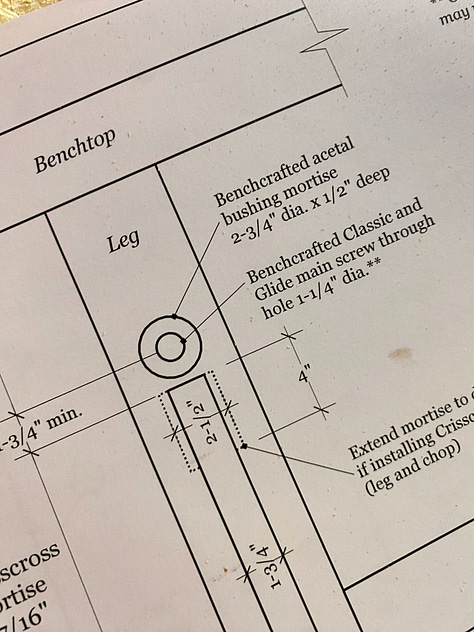 An image of vice installation instructions followed by the process of cutting a mortise and drilling some holes.