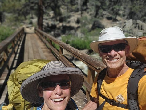 images of the granite and greenery of the majestic southern Sierra Nevada: Melanie and John at a bridge, PCT sign posts, mid-day nap,storm clouds coming, and atop Mt. Whitney at 14,505 feet