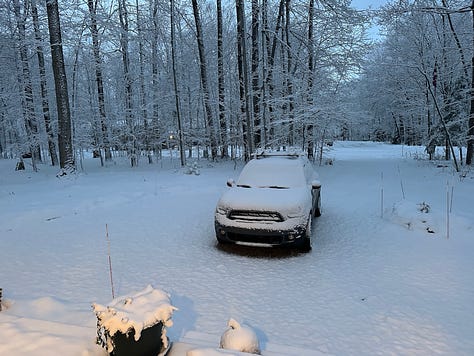 A group of nine images that showcase a snowcovered car, a man cleaning off the snow covered car, and other picture sof a snowy season