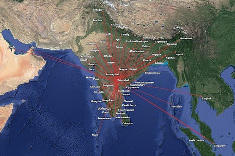 Gallery of route maps for the following Patel Air hub airports: 1) Bangalore-BLR (HQ City); 2) Ahmedabad-AMD; 3) Delhi-DEL; 4) Kolkata-CCU; 5) Hyderabad-HYD; 6) Mumbai-BOM; 7) Chennai-MAA; 8) Goi-GOI; and 9) Nagpur-NAG. (Map links also available in Destinations list following.)