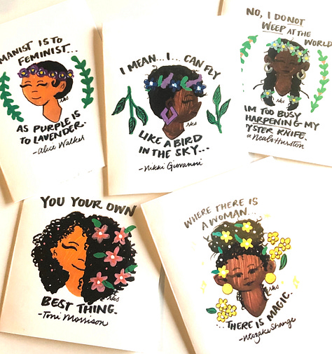 Image 1: Ravynn's Polaroid girls illustrated with POSCA pens; image 2: paper craft dolls inspired by Vashti Harrison; Image 3: Black Women Writers notecards; image 4: a small wellness comic illustrated by Ravynn in POSCA pen; image 5: a set of five canvases that are illustrated renditions of specific albums for Micah Watson; image 6: four hand bound journals, one black, one in a floral print and two purple; image 7: Four black mugs with various colors on the inside that read "Afrofuturist" in metallic stickers on the outside; image 8: two charms filled with resin covering four leaf clovers; image 9: the inside of a zine/comic.