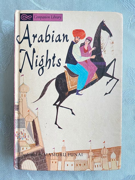 Covers of Arabian Nights, an edition of Walt Whitman's poems, and a decorative nineteenth-century book