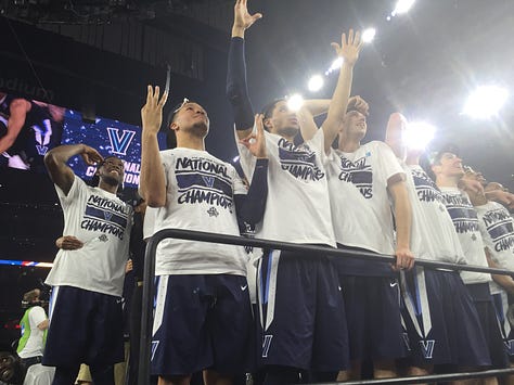 Images from the 2016 Final Four: Dick Vitale pregame with the Villanova student section; the Wildcats reacting to Kris Jenkins' 3-pointer during "One Shining Moment; and Daniel Ochefu holding up the trophy.