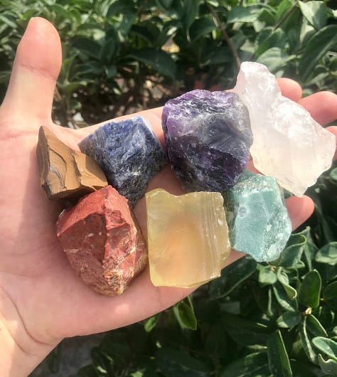 Amethyst, Rainbow fluorite, Clear Quartz, Rose Quart, Green fluorite