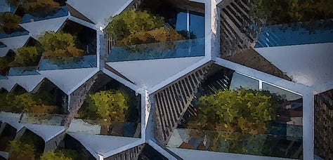 Sample of sustainable architecture images from the web with a filter to make them look like comic books or animation.