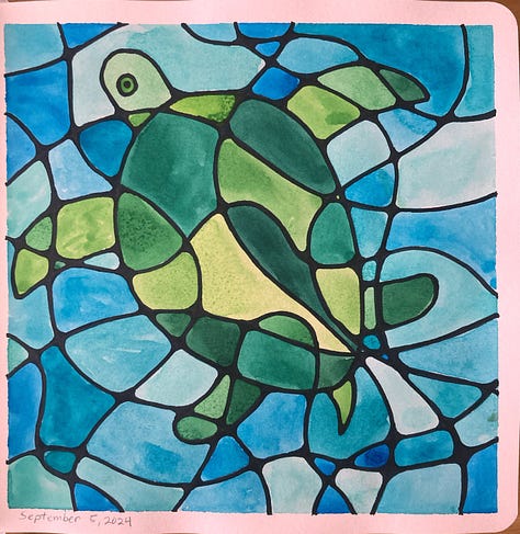 A watercolor sea turtle, abstract circles in various colors, and a scene of a river done in marker with only vertical and horizontal lines