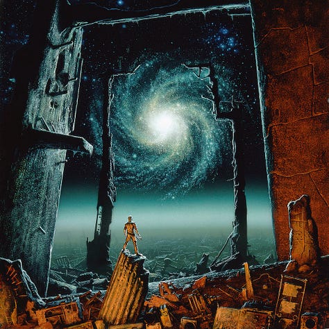 LEFT: Detail from TRANTORIAN DREAM featuring a man standing on a broken pillar staring over the ruins of Trantor to a brilliant spiral galaxy hanging in the sky.  CENTER: Close detail from TRANTORIAN DREAM featuring a man standing atop a broken pillar in the ruins of Trantor. The artist's MW sigil can be seen worked into the wreckage in the immediate foreground.  RIGHT: Close detail of the galactic spiral that spins out from a bright center of white and yellow to arms of white and green.