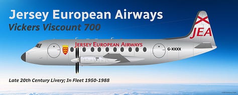 A selection of aircraft from the historic Jersey European fleet: 1) Douglas DC-3, 2) Vickers Viscount, 3) Britten-Norman BN-2B Islander, 4) Fokker F27, 5) Fokker 50, 6) Dornier 228, 7) ATR 42, 8) Avro RJ85, and 9) Viking DHC-6-400 Twin Otter - all shown in side view.