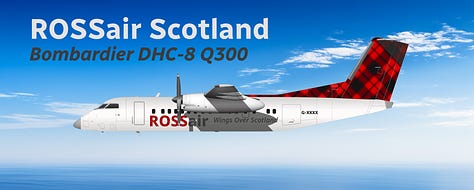 A selection of former ROSSair Scotland aircraft: 1) Fokker 100, 2) Dornier 328JET, 3) Dornier 328, 4) de Havilland DHC-8 Q200, 5) de Havilland DHC-8 Q300, 6) de Havilland DHC-8 Q400. 