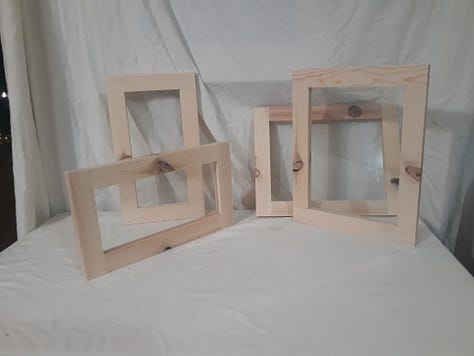 Some leftover glass and wood from previous frames put to use on these 2 - 11" X 12" and 2 - 8" X 12" pine frames.