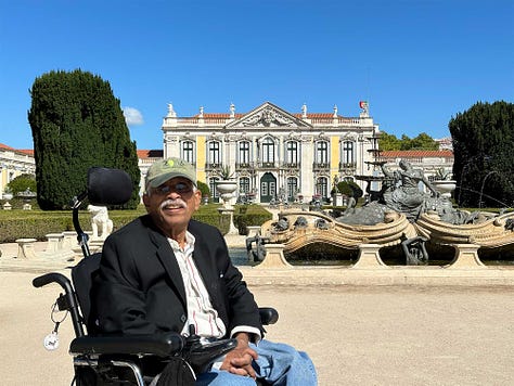 Photos of travelers in front of a palace and walking on the sidewalks in front of a lush landscape around a palace.