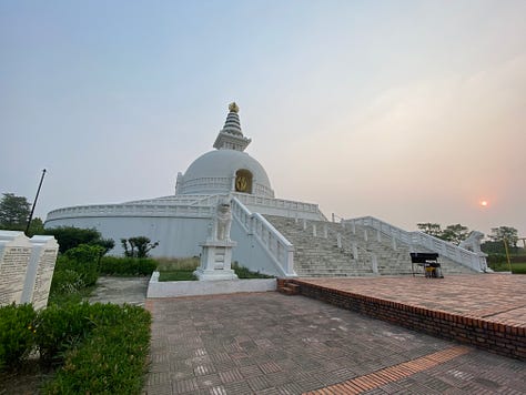 various cities, buildings, hills, lakes with boats, wild rivers, a stupa, the countryside, and the "view" of the Annapurna mountain range