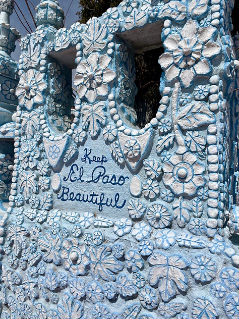 Images of a home in El Paso ornately decorated with blue and white flower carvings
