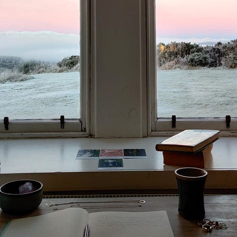 Three pictures: the first, a desk in front of a window. There is a mug and writing implements on it. The middle picture has a coffee cup and coffee. The final picture shows a print of Alison Watt's Sabine on a brick wall