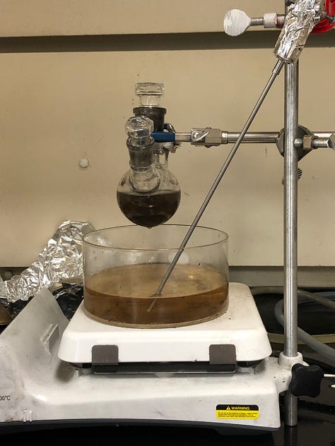 Dispersing carbon black + graphene in with ultrasonic sound waves, Heating & stirring the carbon mixture + the platinum and cobalt, Catalyst ink cooling down from the oil bath (Left to Right)