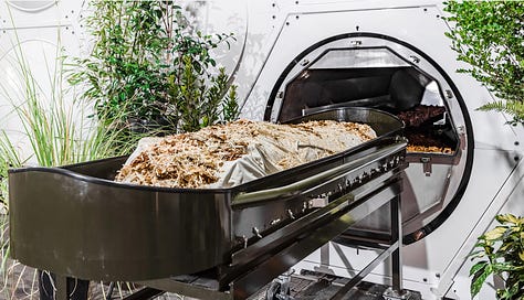 Images of a funeral home in Seattle where remains are composted so that families may bring them home and grow new life.