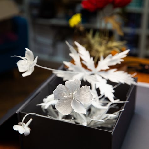 Image one is a hand holding a collection of rather clumsy flowers made from tissue paper, one recognisably a ragged robin, the others yellow and white. Image tow is a hand holding a slightly more refined bunch of crepe paper flowers, dandelion, plantain, cuckoo flower and grasses. The third image is an elegant stem of pure white meadow cranesbill, made of paper
