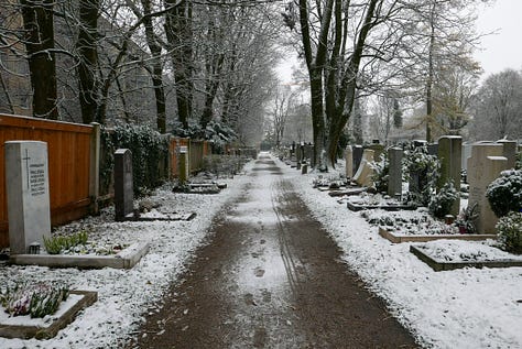 Snowy photos showing paths through an old cemetery and a wide, hostile looking ring road.