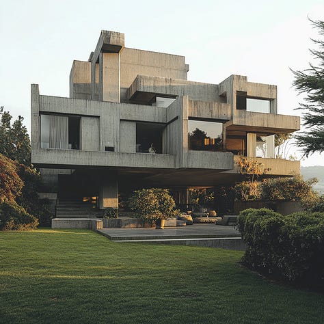 Brutalist hut, mansion, and tower in Midjourney