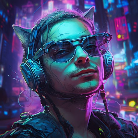 Mixing Daniel Nest + cyberpunk cat portrait + "blacklight cyberpunk" prompt