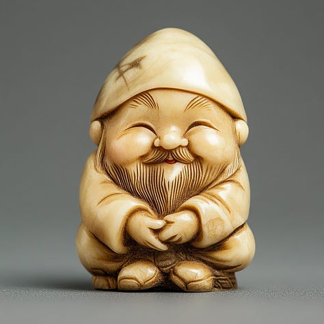 Gnome, palm tree, spaceship netsuke in Midjourney