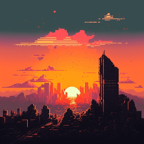 Midjourney images for 16-bit: Sunset over a city | Mona Lisa | Hot air balloons at night