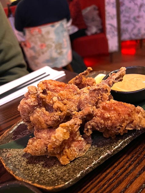 Grilled miso aubergine, firecracker prawns, and karaage