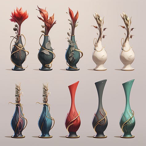 Motorbike / vase / robot concept sheet MJ prompts