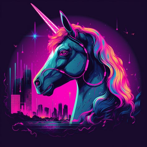 Unicorn, rainbow, skeleton synthwave images by Midjourney