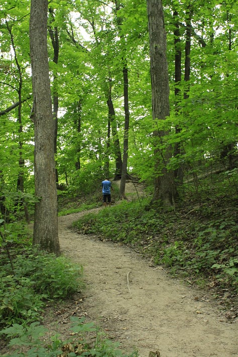 Photos of a heavily wooded trail with two people hiking and posing along the trail