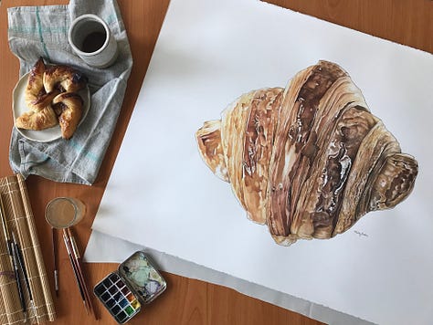 A large painting of a single croisssant followed by a loaf of bread cut in half with lots of gluteny holes, and then a cut panettone with a piece sitting to the right of it and lots of crumbs and raisins spilling out 