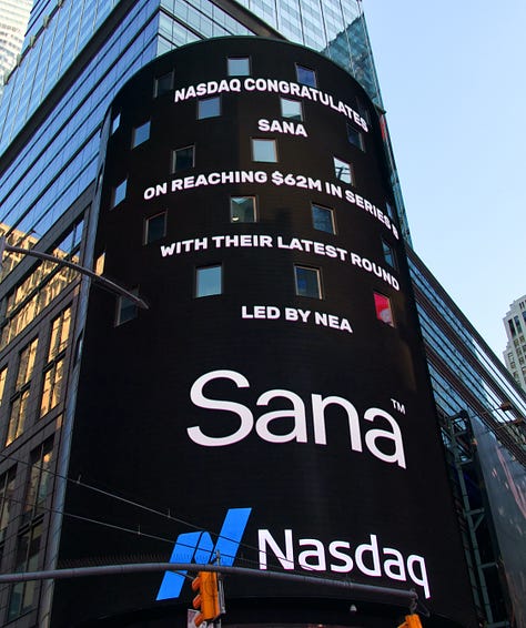 1 - Sana billboard at London's Old Street Roundabout with a bus in the forefront, 2 - Lauren on stage at the Sana AI Summit, 3 - Sana featured on the Nasdaq billboard in Times Square New York